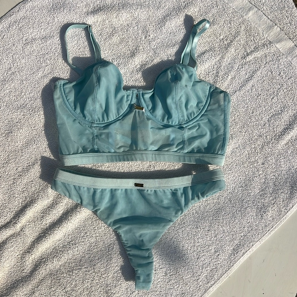 Gooseberry  X Fiona Flirt Thong and Bralette Bustier in Blue Mood